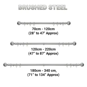 A.Unique Home Diamante Ball Metal Extendable Curtain Pole with Rings and Fittings (25/28mm) - Brushed Steel, 180cm - 340cm Approx