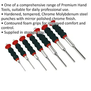 Premium 7 Piece Parallel Pin Punch Set with Foam Grip and Chrome Finish