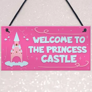 Red Ocean Princess Castle Hanging Plaque Door Playroom Bedroom Sign Gift Baby Girls Fairytale Decor