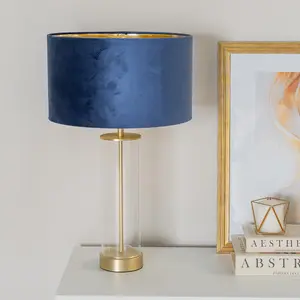 ValueLights Balan Glass with Gold Table Lamp and Navy Blue Velvet with Metallic Gold Inner Lamp Shade and LED Bulb