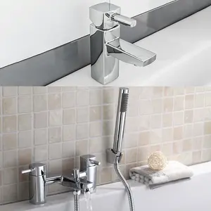 Nes Home Newport Square Basin Sink Mono Mixer Tap & Bath Shower Mixer Tap Chrome