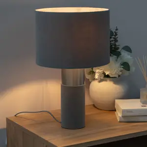 ValueLights Alexa Charcoal Grey Velvet and Silver Chrome Bedside Table Lamp with a Drum Lampshade