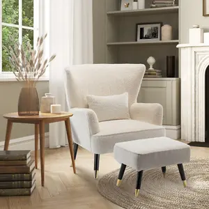 Teddy Boucle Fabric White Camila Accent Chair with Footstool