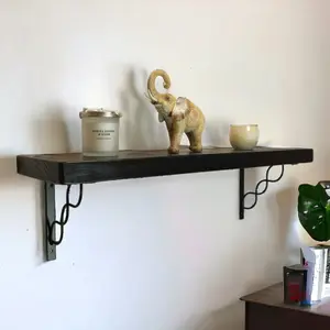 Solid Wood Handmade Rustical Shelf Black Ash 225mm 9 inch with Black Metal Bracket WPRP Length of 80cm