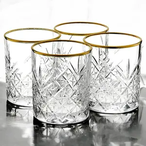 Queensway Home & Dining 420ml 4 Pcs Timeless Tumbler with Gold Rim Whiskey Cocktails Glasses perfect party mug lead free Drinkware