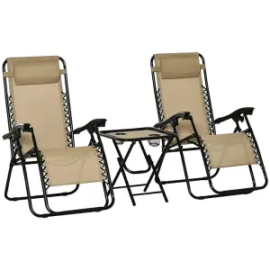 3 Piece Folding Zero Gravity Brown Chair Set with Table / Ultimate Comfort for Outdoor Relaxation