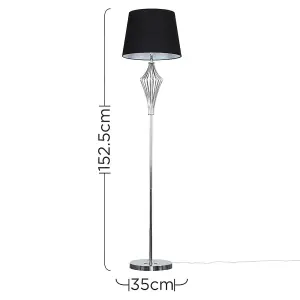 ValueLights Jaspa Modern Polished Chrome Metal Wire Geometric Diamond Design Floor Lamp with Black Tapered Shade