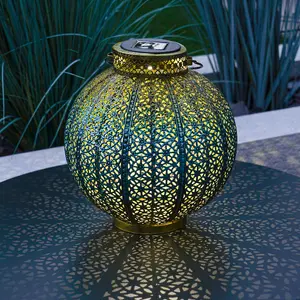 Festive Lights 26cm Blue & Gold Moroccan Garden Metal Lantern - Solar Powered White, Warm White & Colour Changing LEDs