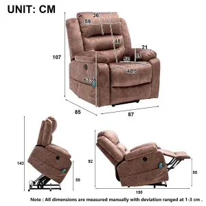 Electric Power Lift Recliner Chair Sofa with Massage and Heat for Elderly, 2 Side Pockets USB Ports, Brown, Fabric