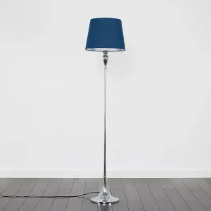 ValueLights Faulkner Modern Polished Chrome Spindle Design Floor Lamp with Navy Blue Tapered Shade - with LED GLS Bulb