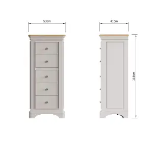 Large 5 Drawer Chest Of Drawers Solid Oak Dove Grey Painted Finish Ready Assembled