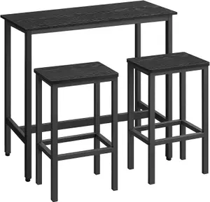 VASAGLE Dining Table Set, Bar Table and Stools, Breakfast Bar Table with 2 Bar Stools, Steel Frame, Ebony Black and Ink Black