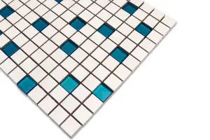 Ceramic mosaic with glass inserts on mesh for bathroom or kitchen 300mm x 300mm - White-pale blue