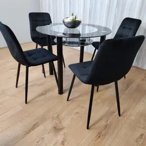 Round Glass Black Kitchen Dining Table With Storage Shelf And 4 Black Tufted Velvet Chairs Kitchen Dining Set