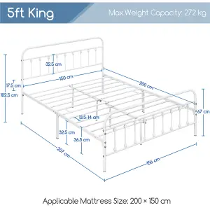 Yaheetech White 5ft King Vintage Metal Bed Frame with High Headboard and Footboard