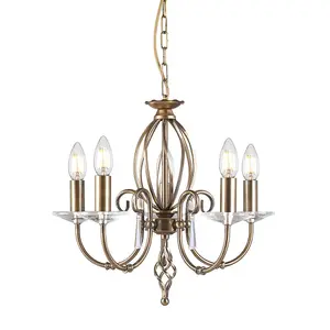 5 Bulb Chandelier Cut Glass Droplets Curved Stem Aged Brass LED E14 60W