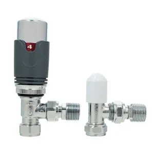 GoodHome Polished Anthracite Angled Thermostatic Radiator valve & lockshield (Dia)15mm x ½"