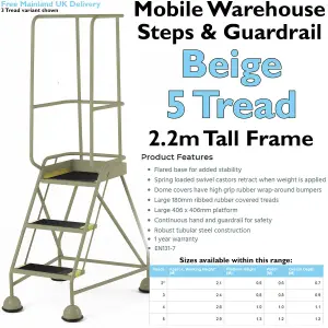 5 Tread Mobile Warehouse Steps & Guardrail BEIGE 2.2m Portable Safety Stairs