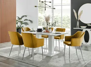 Imperia White High Gloss 6 Seater Dining Table with Structural 2 Plinth Column Legs 6 Mustard Velvet Silver Leg Calla Chairs