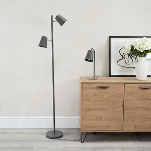 ValueLights Bibi Grey Metal Arched Stem Bedside Table Lamp for Bedroom office Reading Light - LED Bulb Included