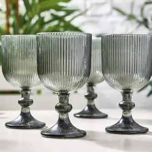 Set of 4 Vintage Luxury Grey Ribbed Drinking Wine Glass Wine Goblets 360ml