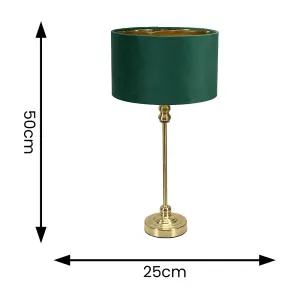 ValueLights Maggie Gold Candlestick Table Lamp with Forest Green Velvet with Gold Inner Lamp Shade