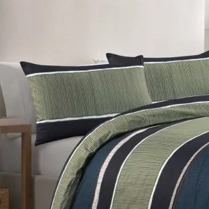 Nate Block Stripe Duvet Cover Set Olive Green/ Navy Blue Bedding Modern