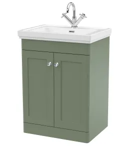 Traditional Floor Standing 2 Door Vanity Unit with 1 Tap Hole Fireclay Basin, 600mm - Satin Green