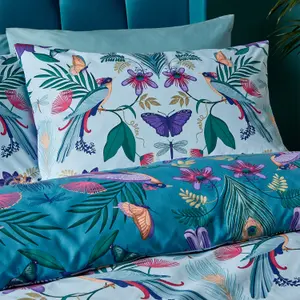 Catherine Lansfield Bedding Mya Tropical Floral Reversible Duvet Cover Set Duck egg Blue