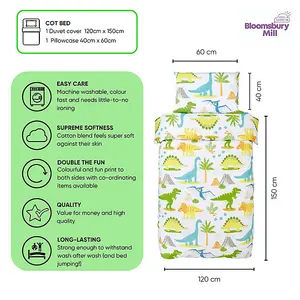 Bloomsbury Mill - Dinosaur World Kids Toddler Cot Bed Duvet Cover and Pillowcase Set - Cot Bed - 150 x 120cm