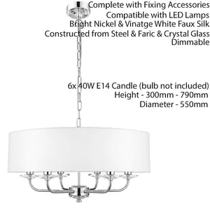 Multi Light Ceiling Pendant 6 Bulb NICKEL & WHITE Chandelier Large Shade Lamp