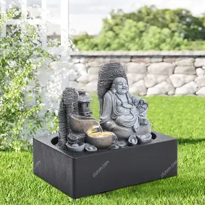 Buddha Statue Style Flowing Water Rockery Desktop Decoration with LED Lights and Succulents