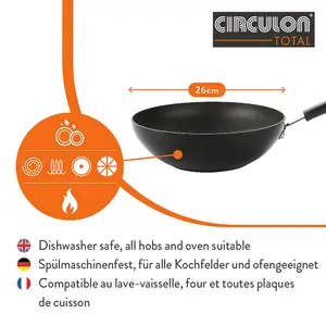 Circulon Total Black Round Hard Anodised Aluminium Induction Suitable Dishwasher Safe Stir-Fry Pan 26cm