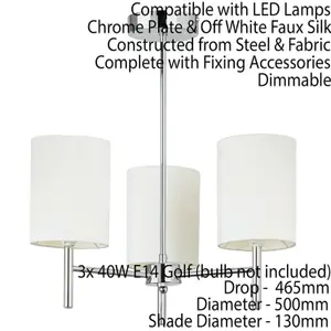 Semi Flush Ceiling Light Chrome & White Silk Shade Modern 3 Bulb Pendant Lamp