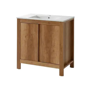 Bathroom Furniture Set: 800 Sink Vanity, Mirror, Freestanding Storage Cabinet Oak Effect Classic