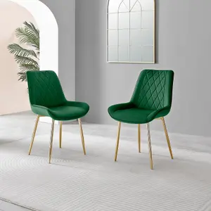 Set of 2 Pesaro Luxury Green Soft Touch Diamond Stitched Velvet Gold Chromed Metal Leg Dining Chairs