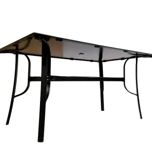 6 Person Rectangular Black Garden Patio Table with Glass Top & Parasol Hole