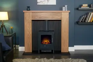 Adam New England Stove Fireplace in Oak & Black with Bergen Electric Stove in Charcoal Grey, 48 Inch