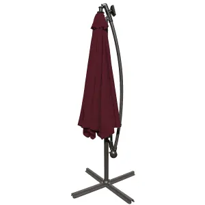 SunDaze 3M Wine Red LED Garden Patio Cantilever Banana Hanging Umbrella, Parasol Base & Weather Protective Cover