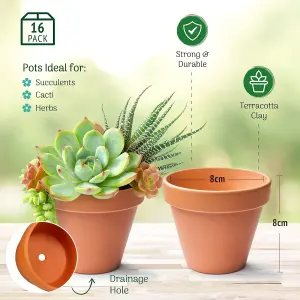 Terracotta Plant Pots - 8cm Small Clay Pots Pack of 16 - Multi-Purpose Mini Pots for Plants, Succulents, Candle Making & Crafts