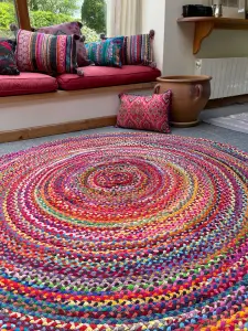 SUNDAR Round Multicolour Rug Ethical Source with Recycled Fabric 90 cm Diameter