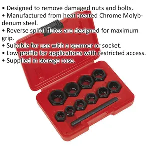 11 Piece Spanner Type Bolt Extractor Set - Reverse Spiral Flutes - Low Profile