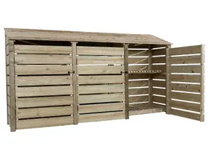 Slatted wooden log store with door and kindling shelf W-335cm, H-180cm, D-88cm - natural (light green) finish