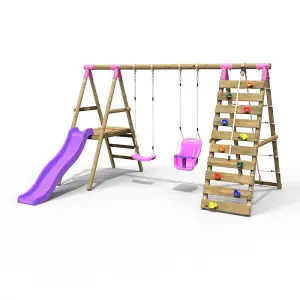 Rebo Wooden Swing Set with Deck and Slide plus Up and Over Climbing Wall - Moonstone Pink