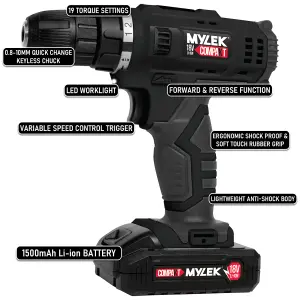 18V Cordless Drill Electric Screwdriver Set Lithium Ion Battery Pack 18 Volts Combi Driver With MYLEK 4ORCE 50-Piece Kit