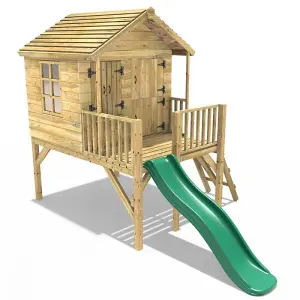 Rebo 5FT x 5FT Childrens Wooden Garden Playhouse on Deck + 6ft Slide- Nightingale Green