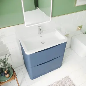 Floor Standing 2 Drawer Vanity Basin Unit with Polymarble Basin, 800mm - Satin Blue