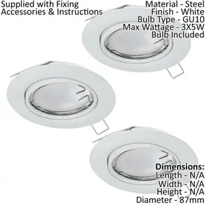 3 PACK Flush Ceiling Downlight White Steel 3 x 5W GU10 Adjustable Bulb