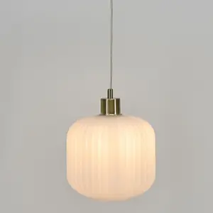 First Choice Lighting Bento White Ribbed Glass with Satin Brass Pendant Fitting