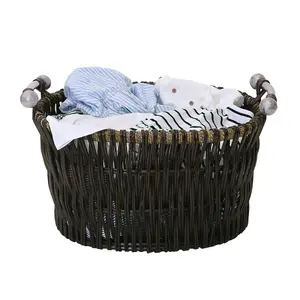 JVL Vertical Weave Oval Log Basket with Metal Handles, Brown, Medium